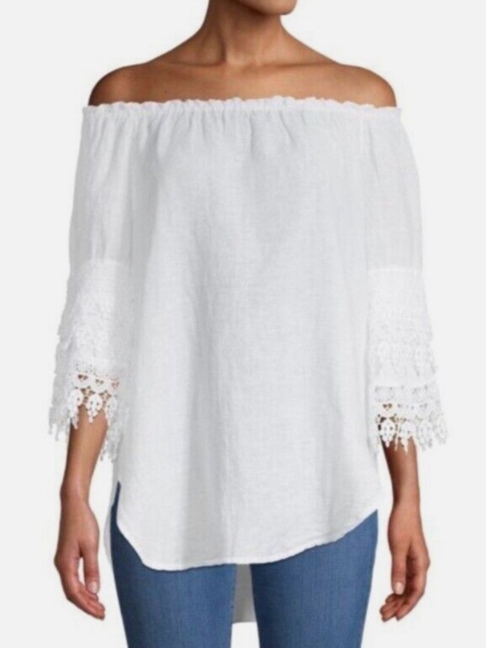Saks Fifth Avenue White Off-Shoulder Lace Sleeve Blouse